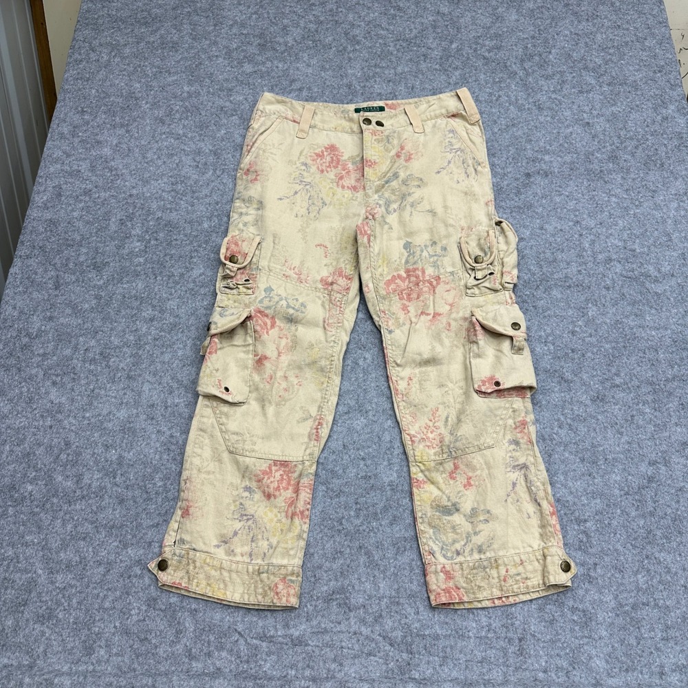 Lauren Ralph Lauren VTG 90s Floral Linen Crop Cargo Pants Size 8 Y2K